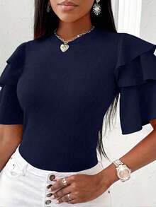 EMERY ROSE Women's Solid Color Round Neck Ruffle Sleeve Fitted T-Shirt - Navy Blue - View 5