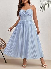 SHEIN LUNE Plus Size Women Blue And White Stripe Shirred Holiday Tie-Up Boho Camisole Dress Summer Vacation Beach Vacation Vacation Beach Vacation - Blue and White - View 12