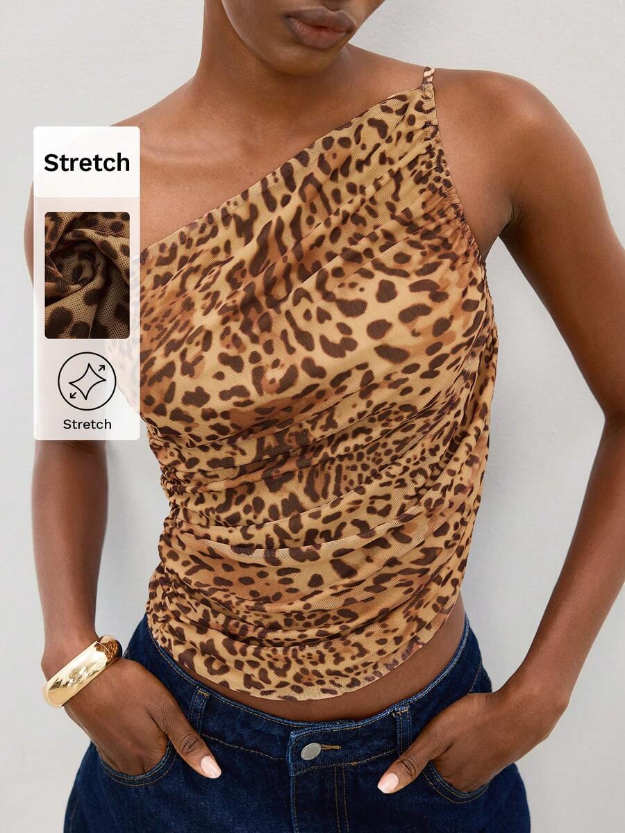 Maija Áo tank top nữ dây đeo bất đối xứng họa tiết da báo, phong cách đô thị tối giản. - màu nâu - Xem 1