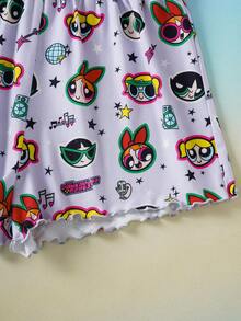 THE POWERPUFF GIRLS X SHEIN 女士可爱舒适卡通印花吊带背心短裤睡衣套装，夏季 - 彩色 - 查看 5