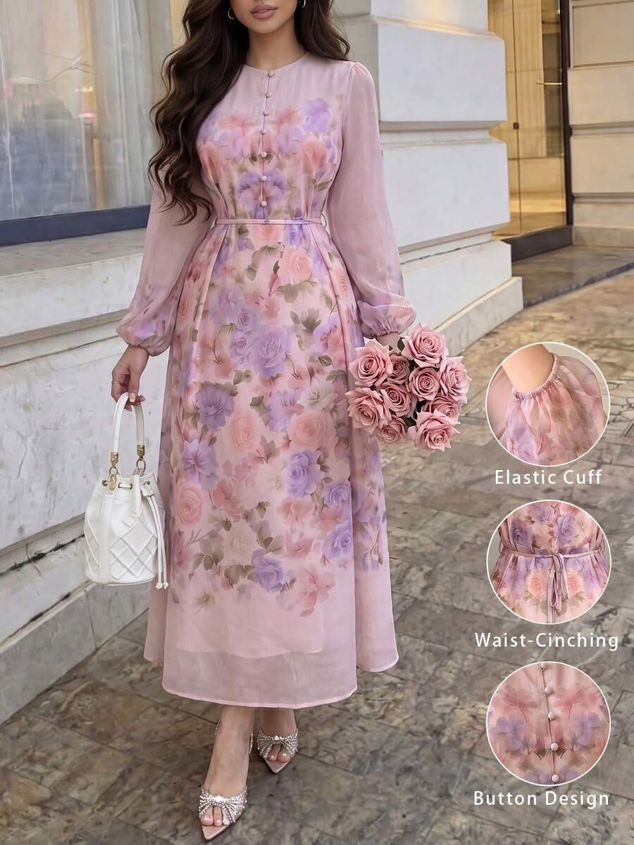 Modelyn 春夏时尚圆领长袖雪纺印花修身喇叭连衣裙