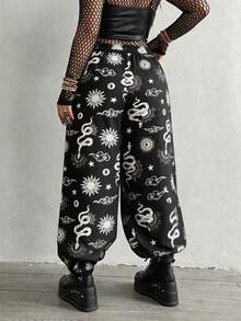Whyspr Plus Size Dark Style Patchwork Print Loose Pants Fall - Black - View 2