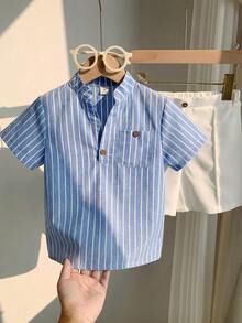 SHEIN LMoss Kids 男童夏季休闲度假及日常通勤条纹印花V领短袖上衣和前缝短裤套装 - 彩色 - 查看 6