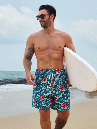 DAZY Tropical Plant Print Men's Beach Shorts, Summer Vacation Style