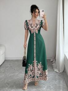 Vestido elegante de línea A con estampado digital de retazos, cuello en V profundo y cintura ceñida, color albaricoque, adecuado para cenas formales, citas y bodas de mujeres (estampado de colocación) - Verde Oscuro - Ver 5