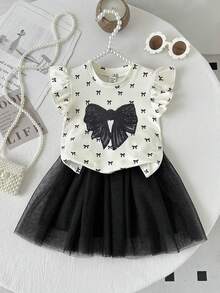 Elladie kids Baby Girl Summer Casual Elegant Bow Tie Print Ruffle Trim Top And Mesh Skirt Set - Apricot - View 3