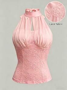 Franclia Lace Patchwork Halter Neck Sleeveless Top - Pink - View 3