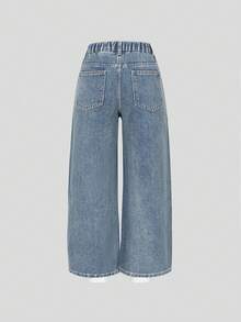 ChillGRL Jeans con adornos de strass estilo Y2K para niñas, pantalones vaqueros de ajuste holgado y pierna acampanada, de tela de mezclilla suave y de moda casual - Azul - Ver 2