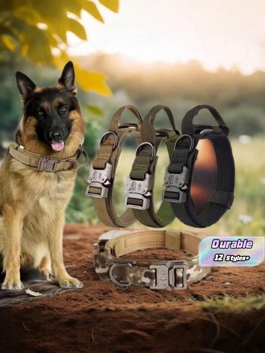 1pc Tactical Dog Collar, Premium Nylon Adjustable Dog Collar With Handle, Heavy Duty Metal Reinforced Buckle D-Ring Soft Cotton Padded Military Training Collar For Medium & Small Dogs