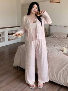 Dazy Plus 3pcs/Set Cute Ditsy Floral Contrast Trim Plus Size Women Pajama Set, Suitable For Spring, Summer, Autumn - Baby Pink - View 1