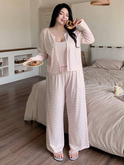 Dazy Plus 3件套可爱碎花撞色滚边加大码女式睡衣套装，适合春、夏、秋季穿着