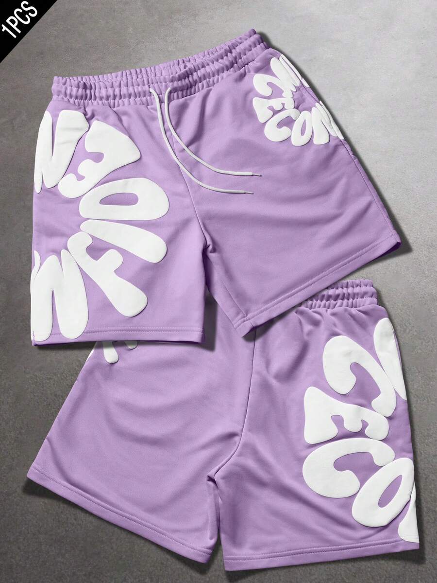 SLATEMANN Men's Letter Embossed Drawstring Waist Casual Shorts - Purple - View 1