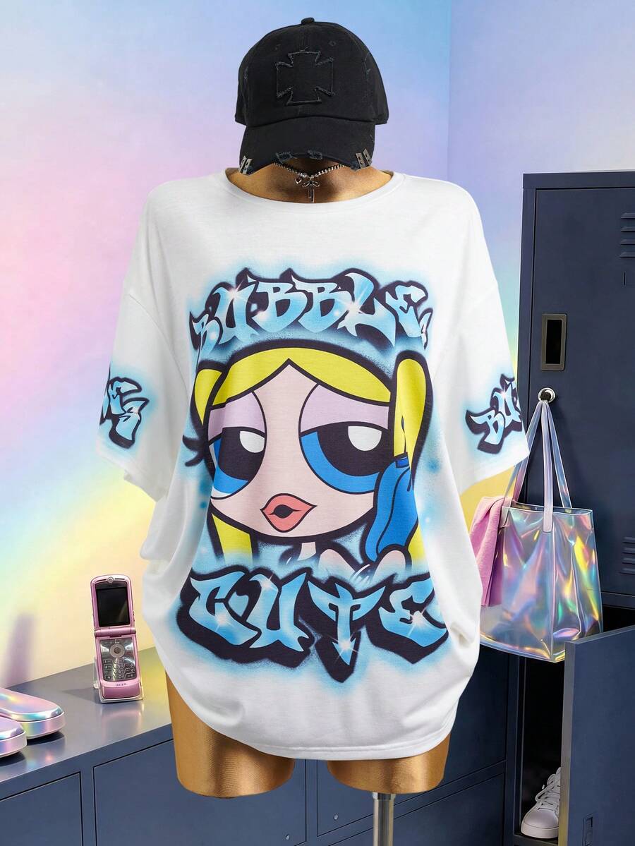 THE POWERPUFF GIRLS X SHEIN 大码夏季休闲字母卡通图案圆领短袖T恤 - 藍白色 - 查看 1