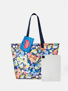 SHEIN X Care Bears 1件女款時尚休閒輕量大容量趣味圖案印花托特包，購物袋，便攜單肩包，卡片收納袋，適合購物旅行外出 - 深藍色 - 查看 5