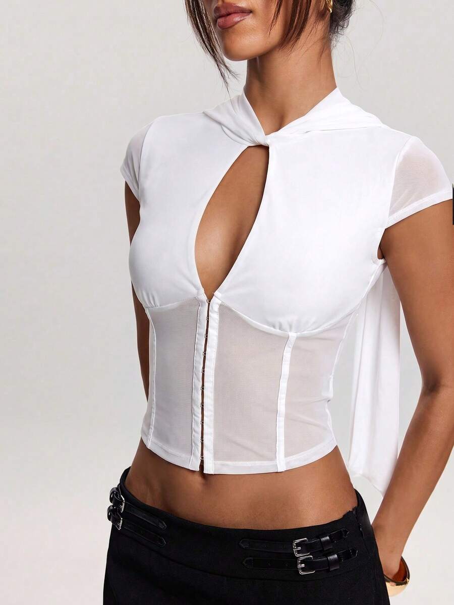 SHEIN BAE 女士纯色常规肩部短袖网纱拼接镂空上衣,夏季 - 白色 - 查看 1