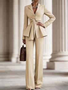 SHEIN Bộ vest công sở màu trơn thanh lịch dành cho nữ, trang phục thường ngày sang trọng, bộ đồ công sở cho nữ, bộ vest nữ cao cấp, bộ áo blazer công sở, bộ quần áo chuyên nghiệp cho nữ. - Màu be - Xem 4