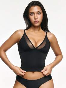 SHAPORA Seamless Padless Adjustable Strap Solid Color Lace Trim Front Mesh Base Top - Black - View 5