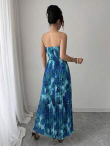 Elenzga Strapless Shirred Pleated Full Print Dress - Blue Power - View 2