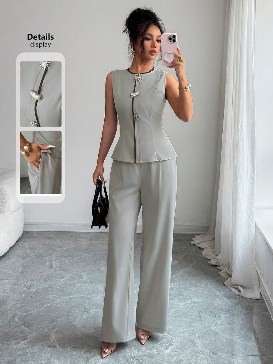 Modelyn Bộ đồ hai mảnh dành cho nữ, màu xám, không tay, ôm sát, thanh lịch, lãng mạn, kiểu dáng công sở, đi làm, khóa kim loại. - Xám - Xem 1