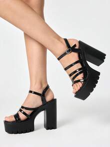 ROMWE Grunge Punk Sexy Open-Toed Punk Gothic Black Striped Metal Buckle High-Heeled Sandals, Spring And Summer Nightclub Party Women's Shoes - Black - View 4