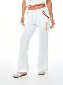 BABYPHAT Low Rise Flare Joggers With Embroidery And Ribbed Waistband Details Casual Comfort Pants - White - View 3