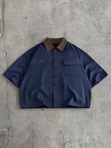 AXEPEAK 男士印花休闲商务舒适时尚纽扣衬衫 - 藏蓝色 - 查看 2