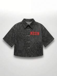 NEON BLANC Áo sơ mi denim nam tay ngắn kiểu dáng thường ngày, khóa cài hình máy bay, họa tiết da báo. - màu đen - Xem 7