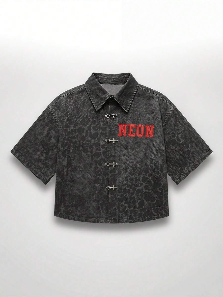 NEON BLANC 男士短袖休闲飞机扣豹纹牛仔衬衫 - 黑色 - 查看 1