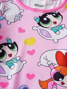 THE POWERPUFF GIRLS X SHEIN Baby Girl Cute Cartoon Print Short Sleeve T-Shirt And Leggings Pajama Set, Suitable For Spring, Summer And Autumn - Multicolor - View 3