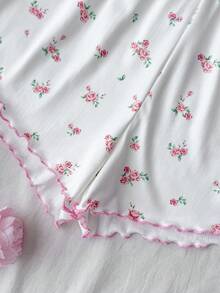 SHEIN 少女简约花卉图案缎带蝴蝶结饰边吊带背心和短裤舒适休闲修身睡衣套装，粉色 - 白色 - 查看 7