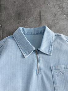 CalleClaro Chaqueta vaquera con cremallera y bolsillo bordado, versátil para hombres - Azul - Ver 5