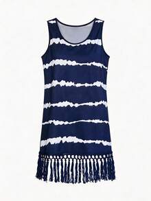 Swim Lushoire Gaun Penutup Tanpa Lengan Motif Garis-garis Musim Panas untuk Wanita dengan Rumbai di Bagian Bawah - Navy Blue - View 5