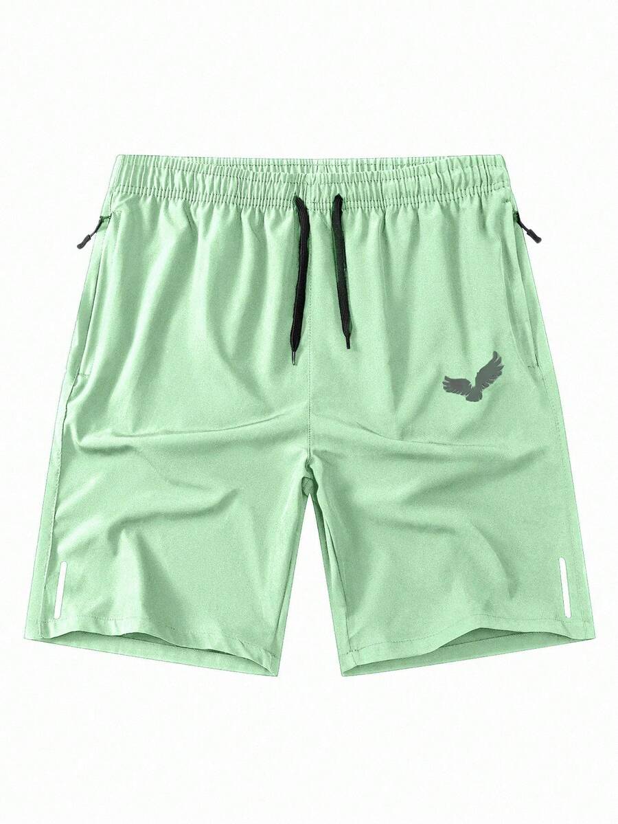 Manfinity Homme Men's Casual Eagle Print Drawstring Waist Zipper Pocket Shorts - Hunter Green - View 1