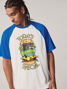 SCOOBY-DOO X SHEIN Men's Cartoon Print Color Block Short Sleeve Top And Shorts Casual Pajama Set - Blue and White - View 4