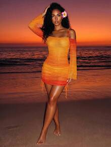 Zestiva Couvre-tout tricoté dégradé pour femmes, robe de plage dos nu à manches longues sexy pour les vacances de printemps/été - Orange - Voir 3