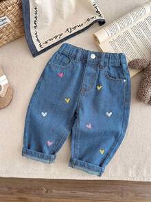 SHEIN LMoss Kids Quần jean denim dáng rộng cho bé gái, có thêu hình trái tim và túi quần. - Rửa trung bình - Xem 5