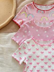 SHEIN LMoss Kids 女婴可爱卡通熊和花卉印花荷叶边圆领短袖上衣和裤子六件套休闲舒适针织睡衣套装 - 彩色 - 查看 4