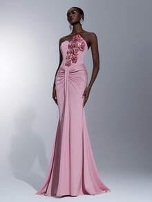 Elitara Elegant Luxurious 3D Floral Sexy Strapless Mermaid Ruched Dress For Formal - Mauve Purple - View 5
