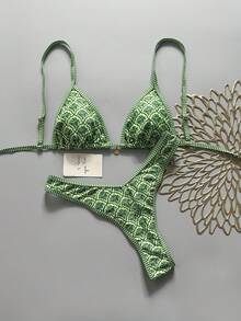 Swim Mod Conjunto de bikini sexy con tirantes finos y estampado floral aleatorio para mujer, verano - Multicolor - Ver 2