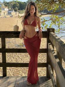 Bonvoyette Bộ đồ 3 món dành cho nữ: Áo buộc dây cổ yếm, chân váy cùng màu và quần bikini gợi cảm, chất liệu vải kẻ caro lá phong màu nâu nhạt. - Đỏ - Xem 5