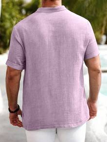 Manfinity Homme Áo sơ mi nam Manfinity Nomadique chất liệu cotton-linen, kiểu dáng thường ngày, cổ Hengli, thích hợp cho mùa hè. - Màu tím hoa cà - Xem 2