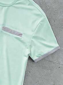 Manfinity Homme Men's Versatile Contrast Color Round Neck Short Sleeve T-Shirt And Casual Drawstring Waist Pocket Shorts Set - Multicolor - View 6