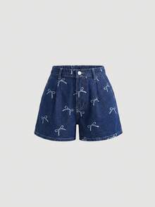 SHEIN Pantalones cortos sueltos de mezclilla azul con volantes y decoración de lazo para adolescentes - Azul lavado oscuro - Ver 2