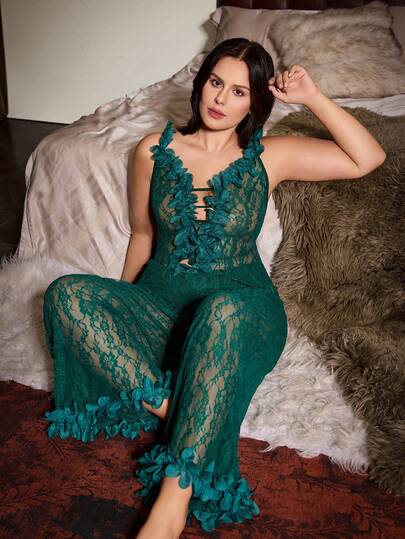 Slumberist Plus Size Women's Deep V Hollow Floral Lace Trim Sexy Sheer Wide Leg Jumpsuit Pajamas