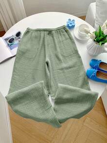 SHEIN PETITE CURVE Quần ống rộng màu trơn dành cho nữ cỡ lớn, có dây rút ở eo, kiểu dáng thường ngày, đa năng. - màu xanh lá - Xem 2