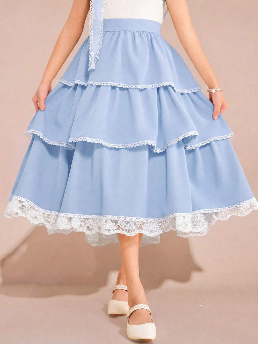 SHEIN Pitira Chân váy xòe xếp ly eo chun co giãn đa năng cho bé gái tuổi teen, màu xanh dương và trắng. - Xanh và trắng - Xem 1