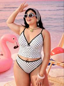 Swim Mod 2026新款加大码女式两件套泳衣，随机几何印花，时尚休闲简约蝴蝶结可调节加粗肩带高腰高衩三角比基尼 - 黑與白 - 查看 6