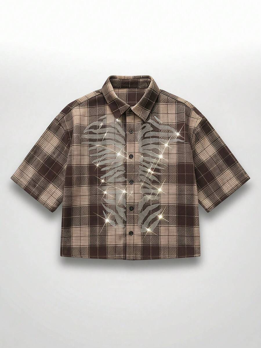 NEON BLANC Camisa de manga corta a cuadros para hombres con decoración de diamante de imitación - Negro - Ver 1