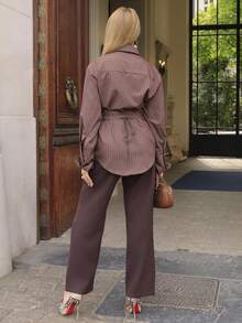Elenary Edit Striped Long Sleeve Casual Shirt, Suitable For Office And Commuting, Old Money Style Top, Teacher's Top, Business Casual Woman Curve, Brown Top, Going Out Top For Women, Elegant Blouses For Ladies, Spring Women Brown Blouses Office Blouse, Spring Women - Brown - View 2