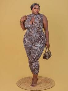 CurvyTilda Combinaison transparente sexy à imprimé animal et ajourée, grande taille. Tenue pour le Nouvel An, soirée, bal de promo, imprimé léopard. Tenue de club sexy pour femmes, pour une silhouette en sablier. - Multicolore - Voir 4